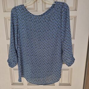 Minifloral Print Blouse SzM? Round Neck Dk Blue Base 3/4Sleeve Curve Hem Classic